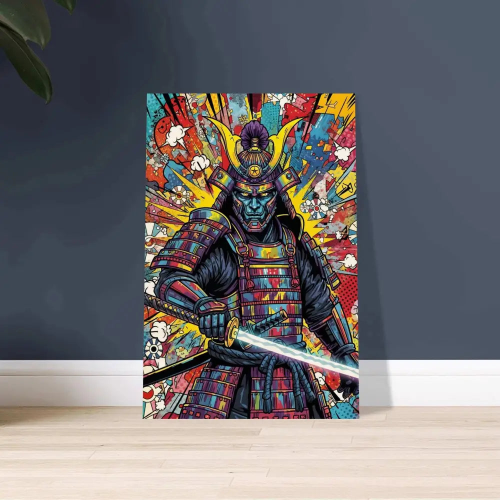 Vibrant pop art style Samurai Splash printed on wood blends raw canvas artwork