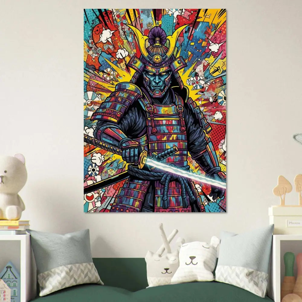 Colorful pop art style Samurai Splash warrior poster on Wood Blends Raw Timberline Series