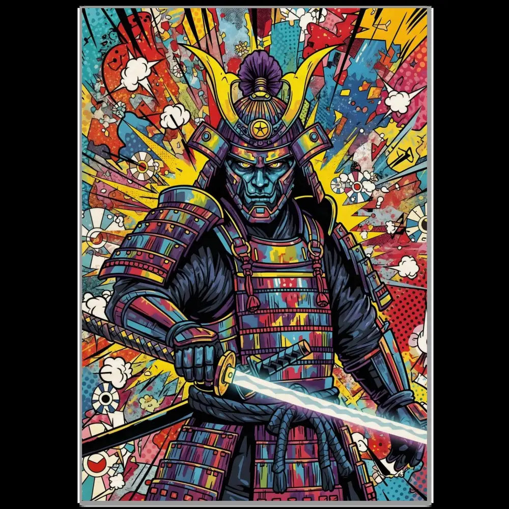 Colorful stylized samurai splash in full armor with glowing katana on Wood Prints Samurai Splash
