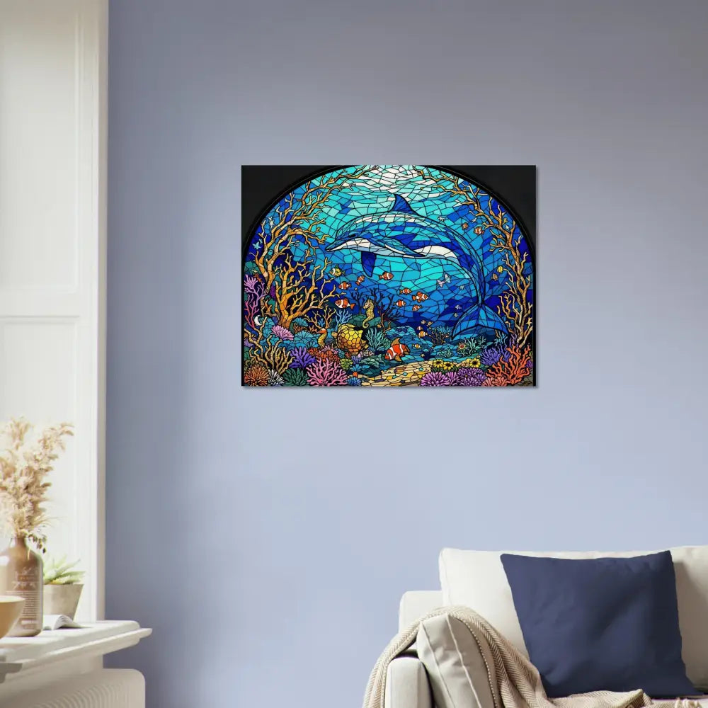 Dolphin stained glass artwork on Wood Prints Sea Cathedral PixiOnyx Oceanlight Relic