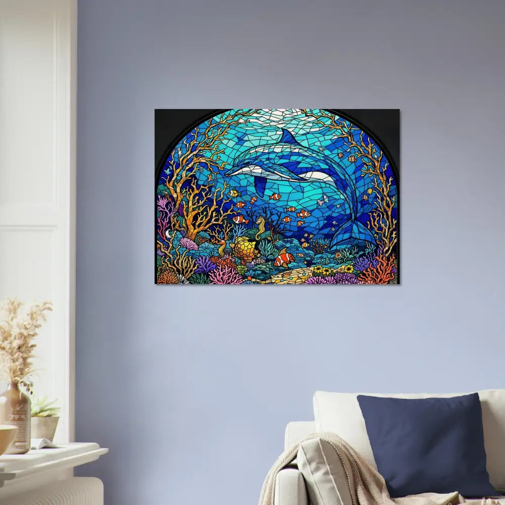 Dolphin stained glass artwork on Wood Prints Sea Cathedral PixiOnyx Oceanlight Relic