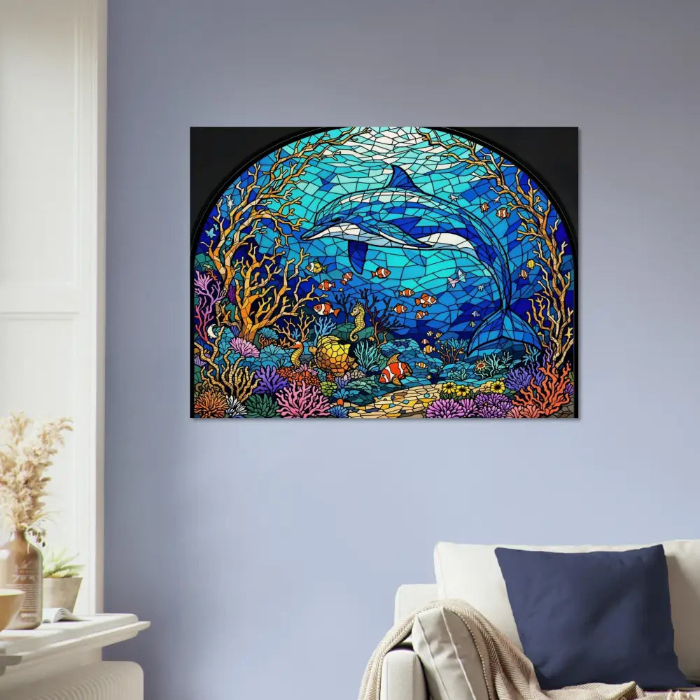 Stained glass dolphin artwork on Wood Prints Sea Cathedral PixiOnyx Oceanlight Relic