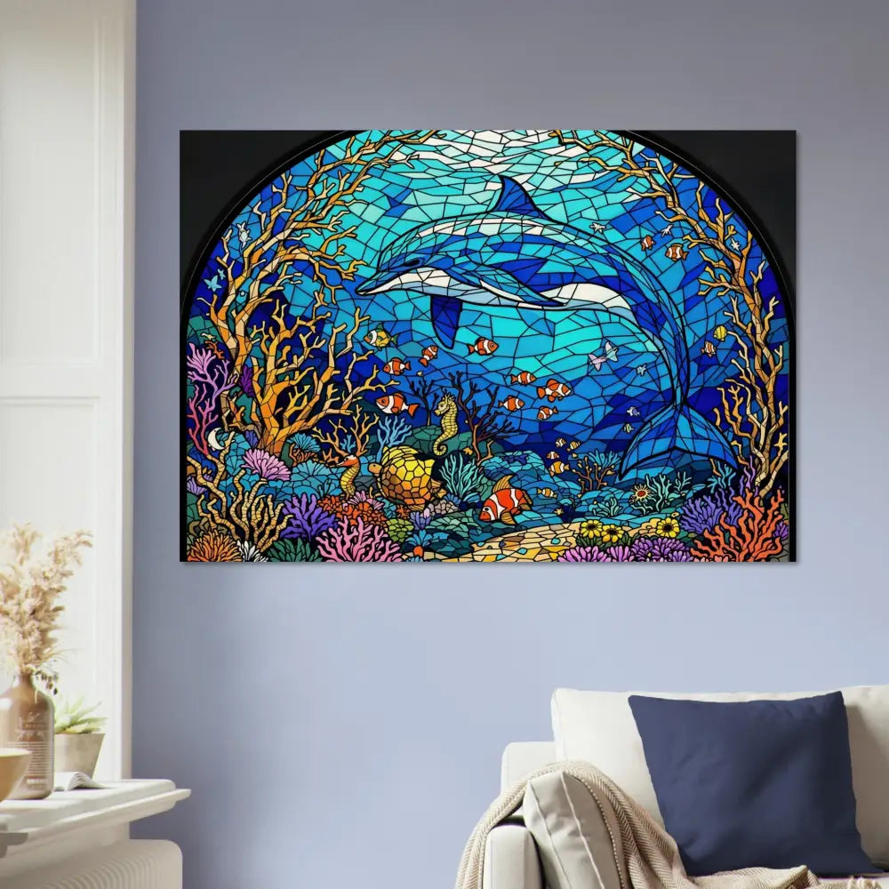 Stained-glass dolphin artwork on Wood Prints Sea Cathedral PixiOnyx Oceanlight Relic