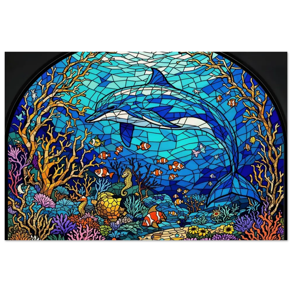 Stained glass dolphin scene on Wood Prints Sea Cathedral PixiOnyx Oceanlight Relic
