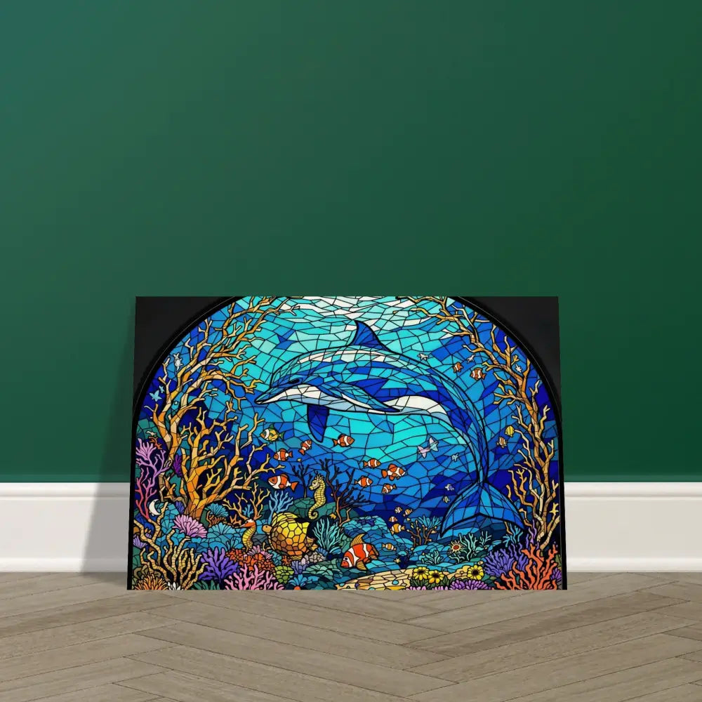 Dolphin stained glass artwork in the Wood Prints Sea Cathedral PixiOnyx Oceanlight Relic