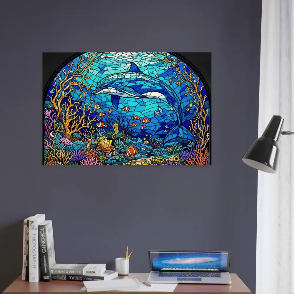 Stained glass dolphin artwork on Wood Prints Sea Cathedral PixiOnyx Oceanlight Relic