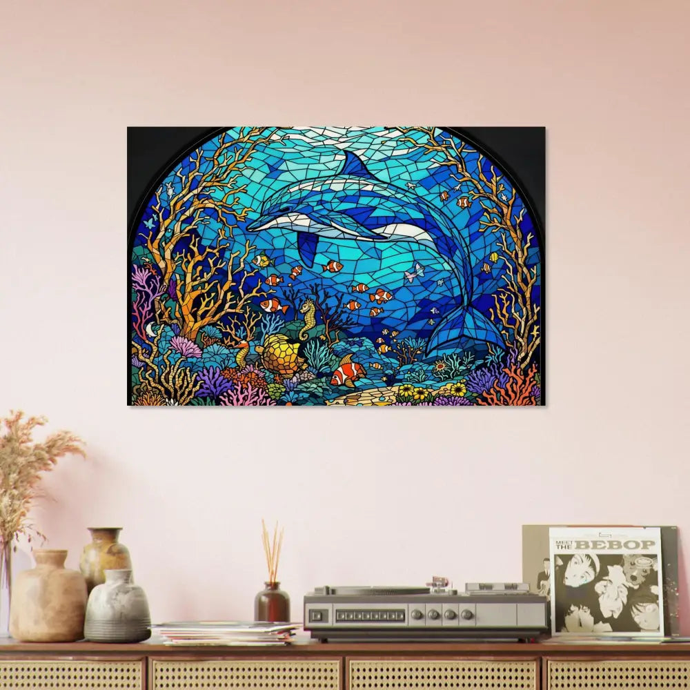 Dolphin stained glass artwork on Wood Prints Sea Cathedral PixiOnyx Oceanlight Relic