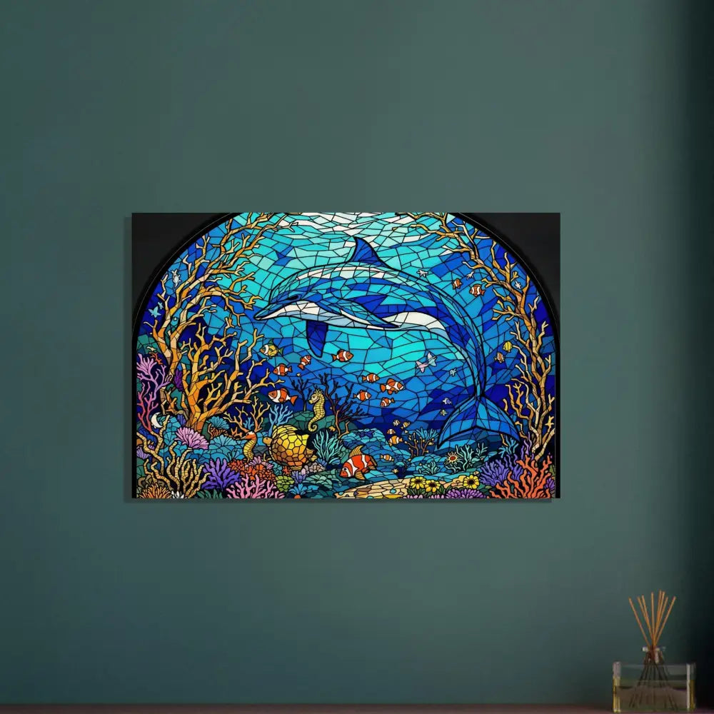 Stained glass dolphin artwork on Wood Prints Sea Cathedral PixiOnyx Oceanlight Relic