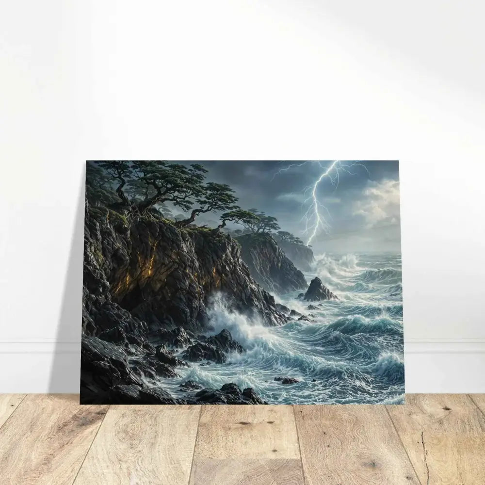 Rustic wood prints offer a stormy seascape painting of lightning over waves at Stormroot Cliffs