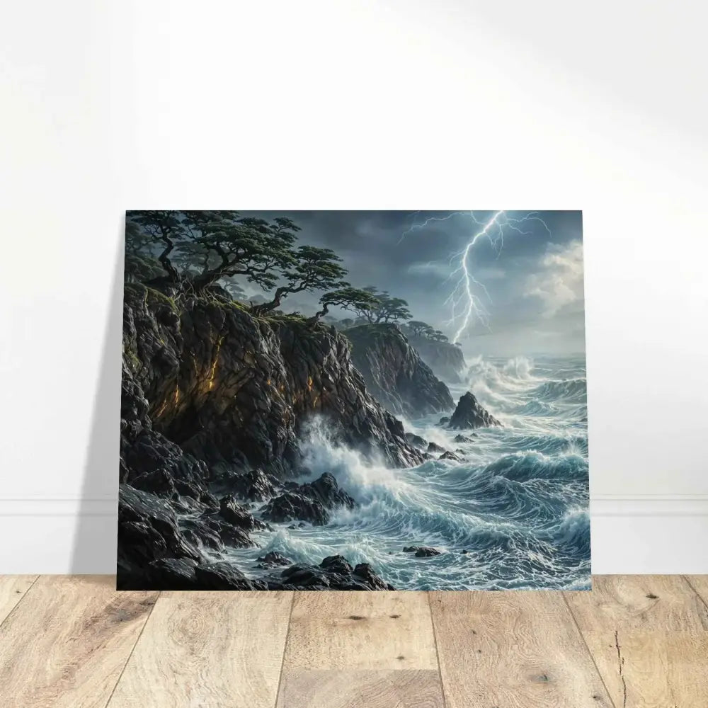 Wood prints offer a rustic feel with a stormy seascape of lightning over rocky cliffs