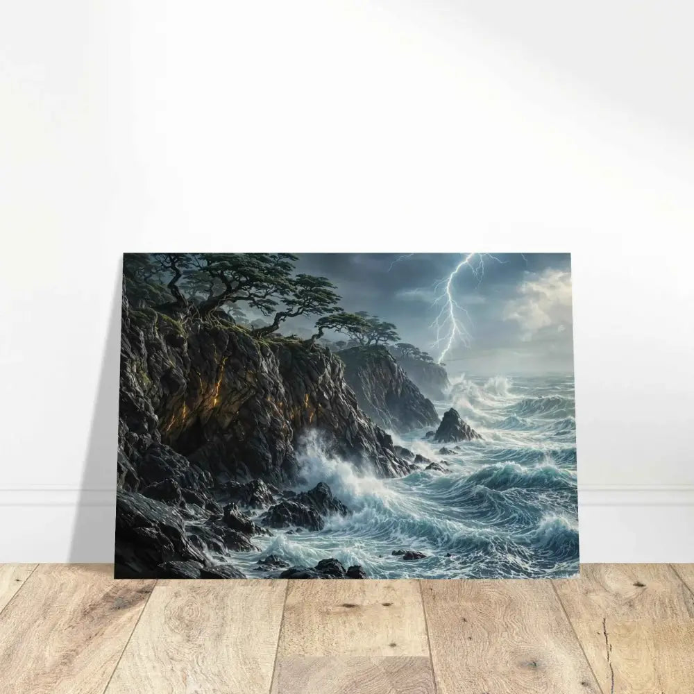 Wood prints offer a rustic feel with a dramatic coastal storm scene on Stormroot Cliffs