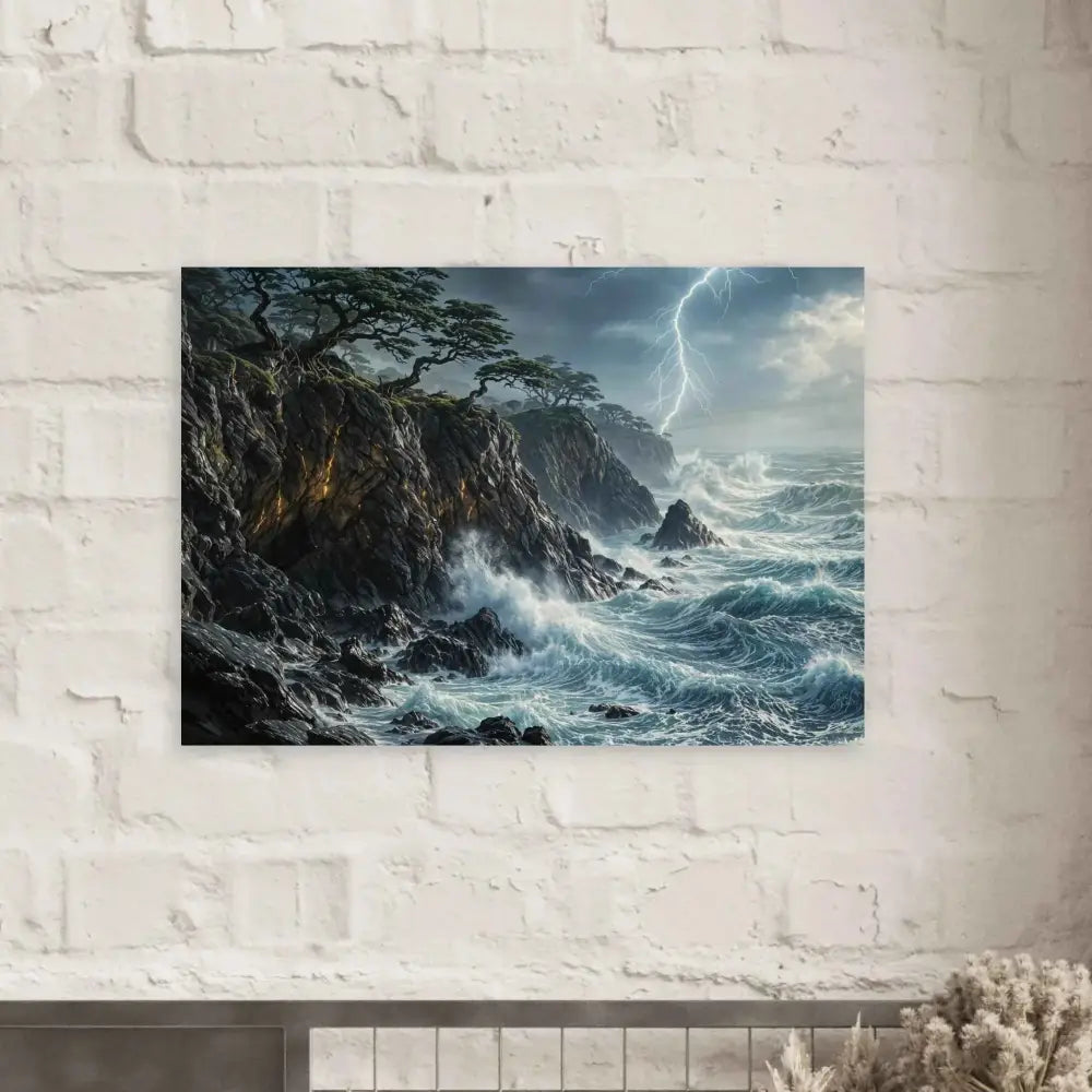 Wood prints offer a rustic feel with a stormy ocean scene on Stormroot Cliffs canvas