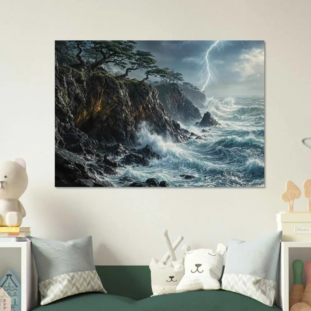 Wood prints offer a rustic feel with this stormy sea landscape on Stormroot Cliffs