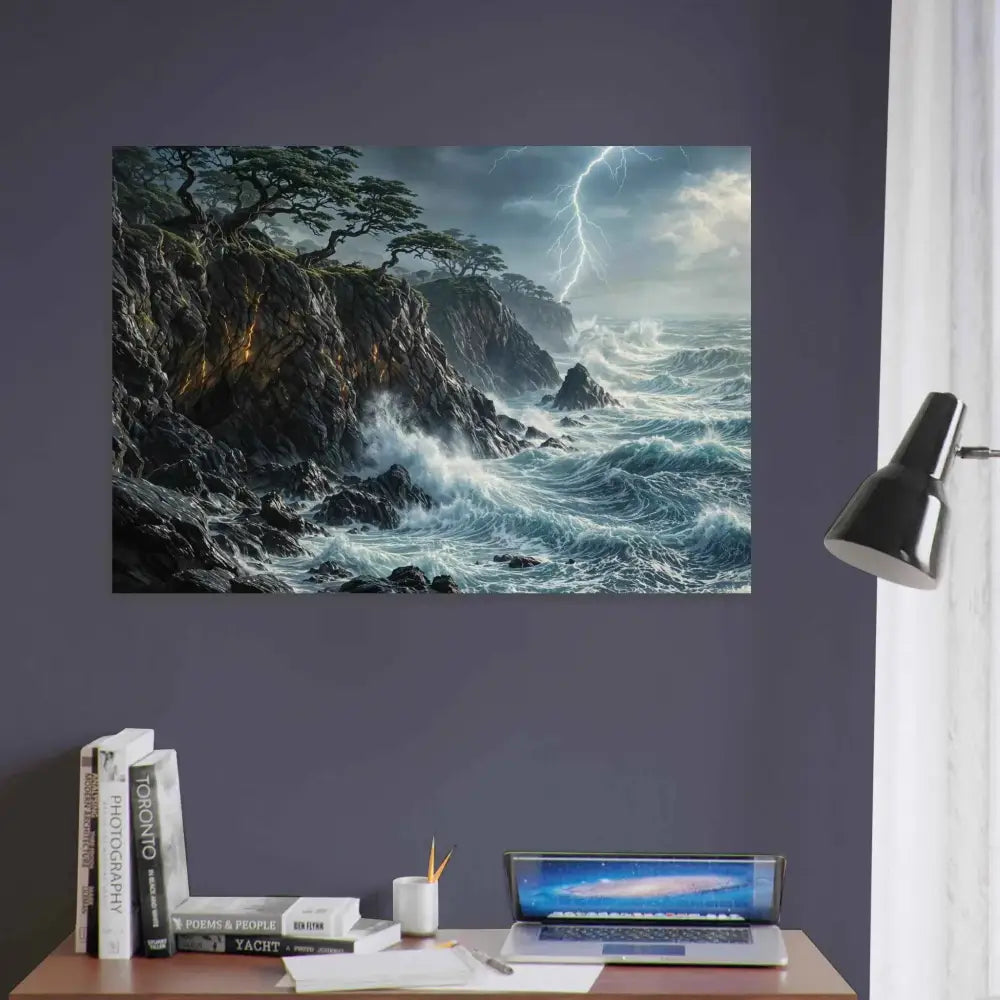 Wood prints offer a rustic feel with a stormy sea and lightning scene on rocky cliffs