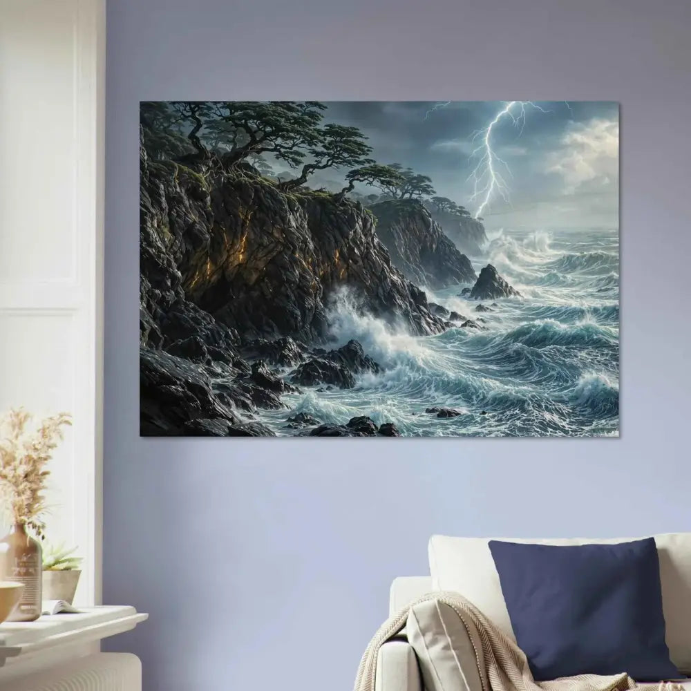 Wood prints offer a rustic feel with a dramatic coastal storm on Stormroot Cliffs