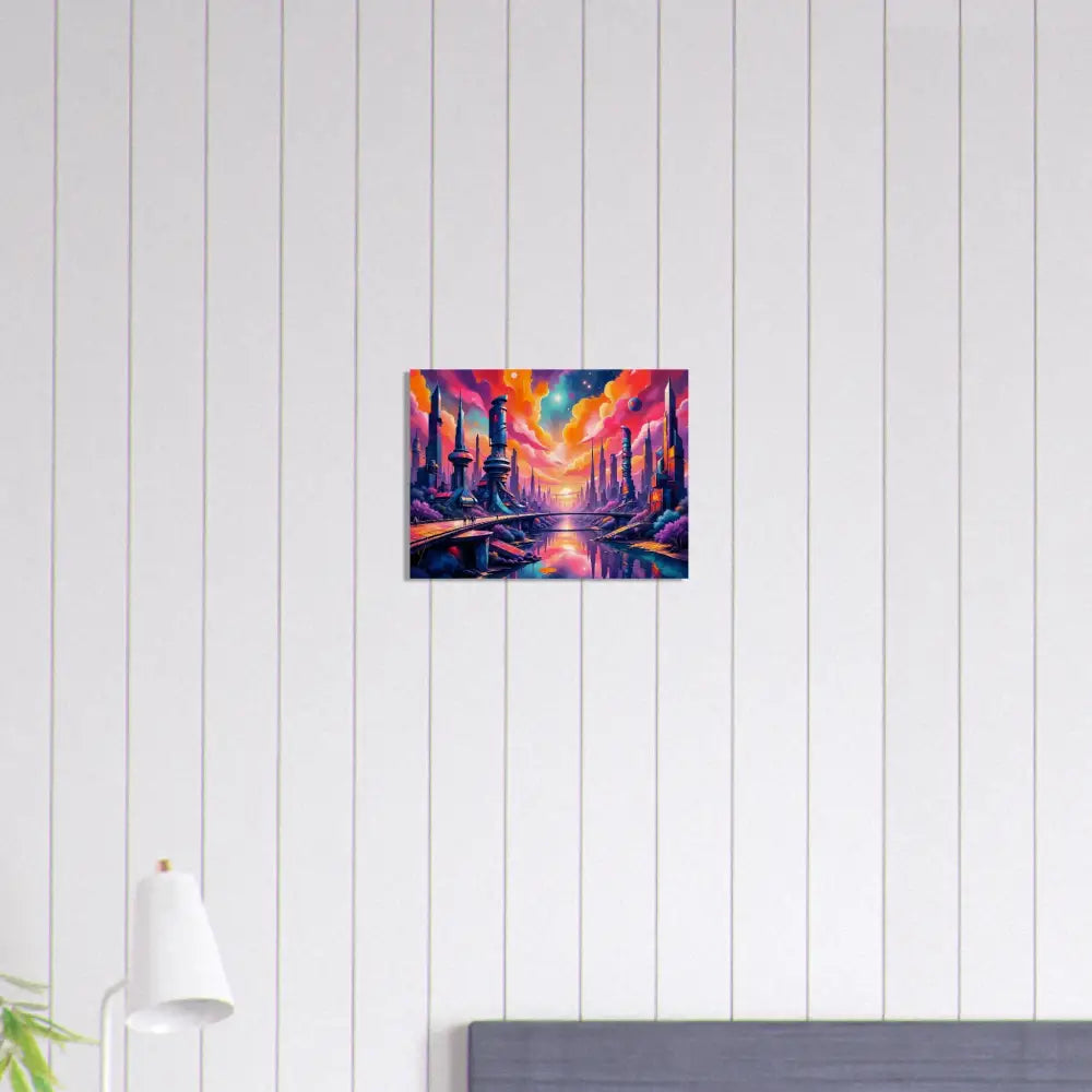 Wood print transforms futuristic cityscape painting into stunning modern wall art