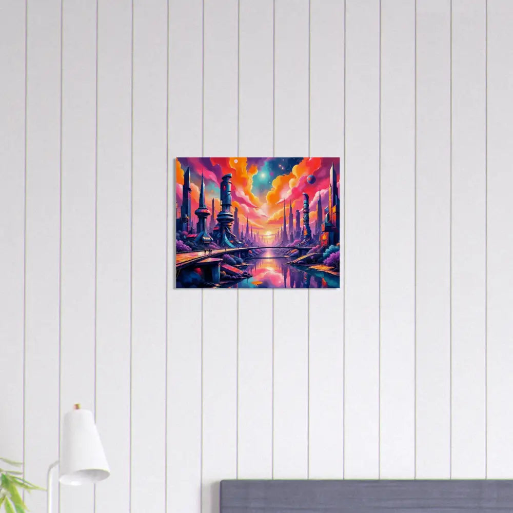 Vibrantly colored futuristic cityscape painting on wood print transforms futuristic beauty