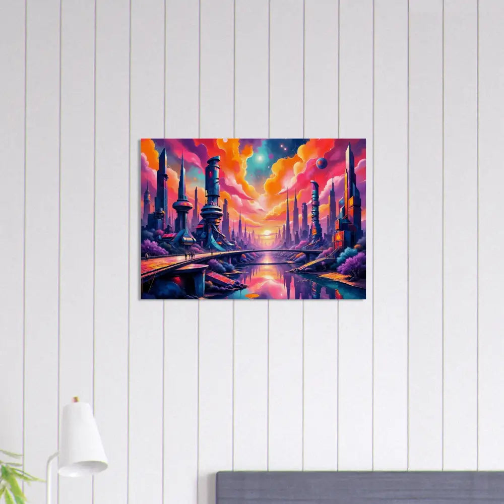 Wood print transforms futuristic beauty with vibrant fantasy cityscape at sunset
