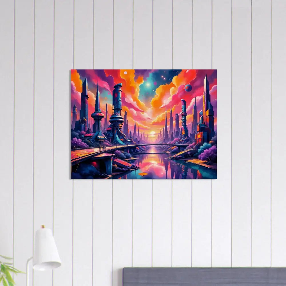 Wood print transforms futuristic city artwork with vibrant colors and river reflections