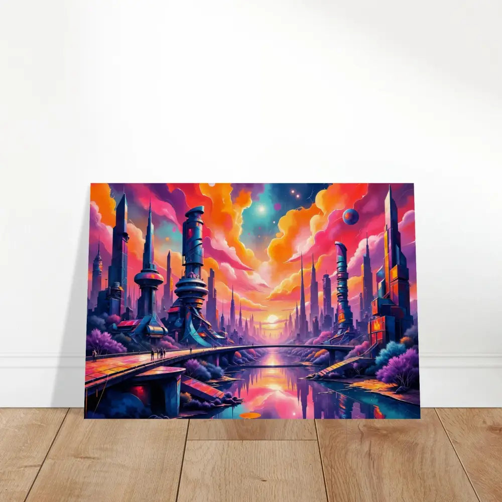 Vibrant colorful futuristic cityscape wood print transforms futuristic beauty in PixiOnyx Cosmos