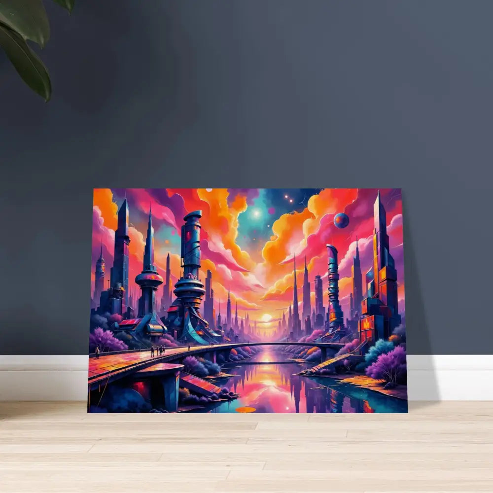 Futuristic cityscape wood print transforms futuristic beauty on PixiOnyx Natural Cosmos canvas