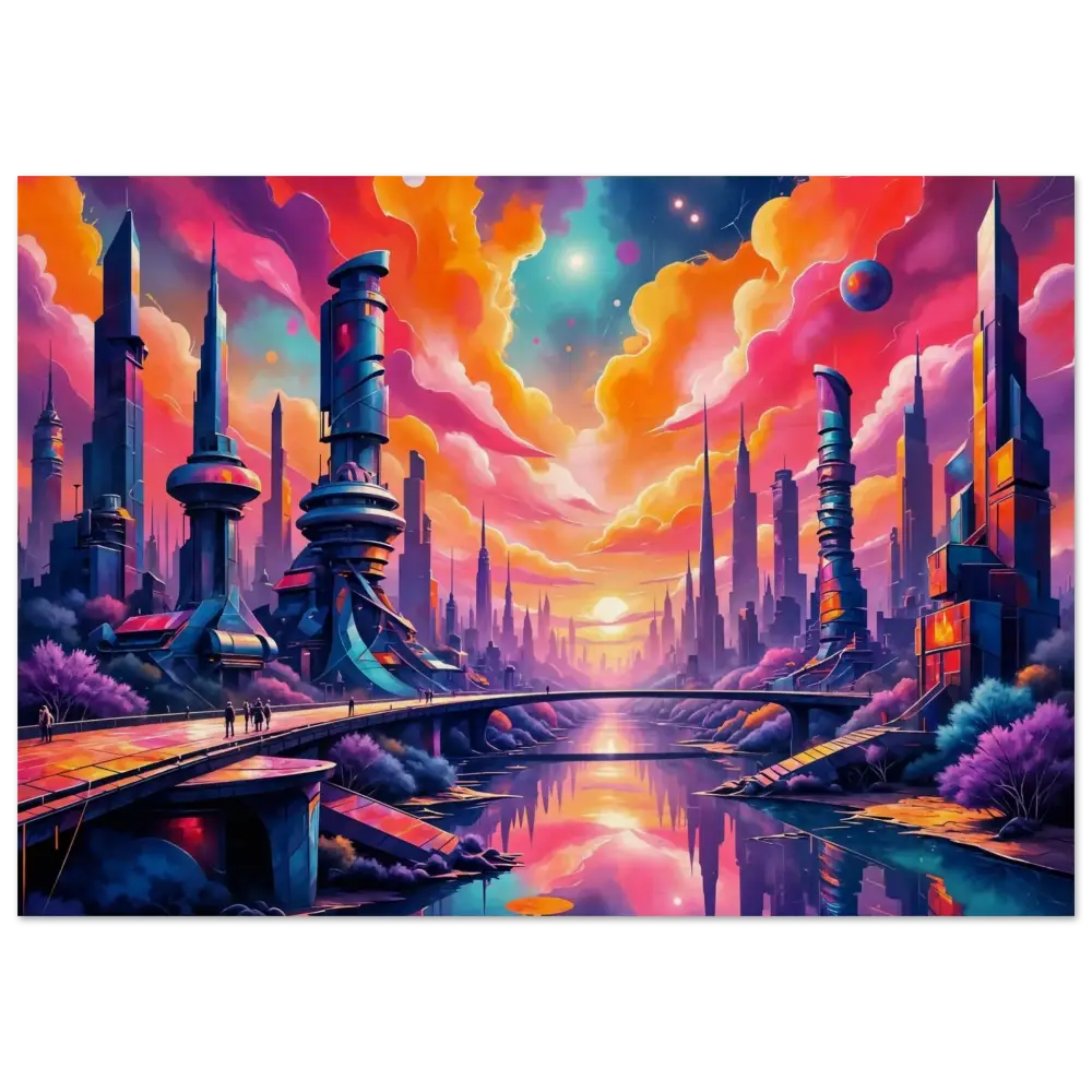 Wood print transforms futuristic cityscape with towering structures and colorful clouds