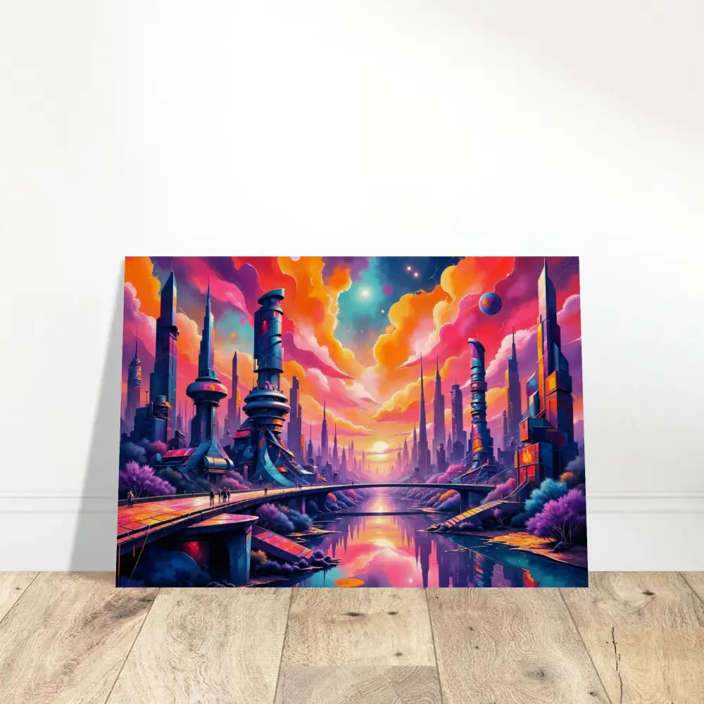 Vibrant futuristic city landscape painting on wood print transforms futuristic beauty PixiOnyx