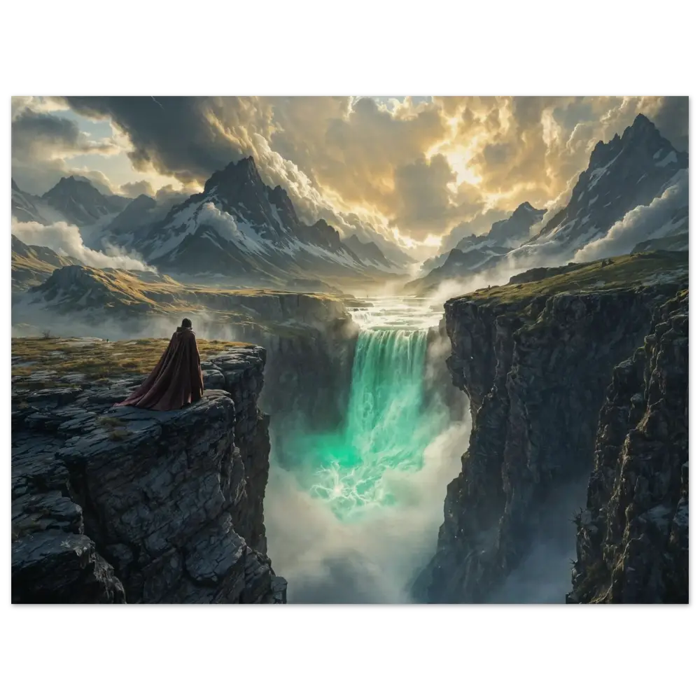 Majestic waterfall vista with cloaked figure on Wood Prints The Edge of Silence PixiOnyx Forestgrain Stillness Edition