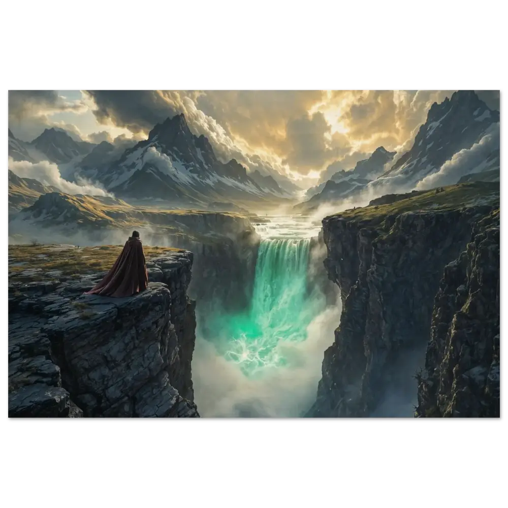 Dramatic waterfall landscape on Wood Prints The Edge of Silence PixiOnyx Forestgrain Stillness Edition