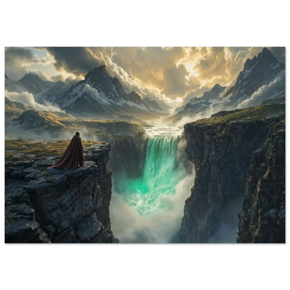 Wood Prints The Edge of Silence PixiOnyx Forestgrain Stillness Edition majestic waterfall cascading into a misty abyss