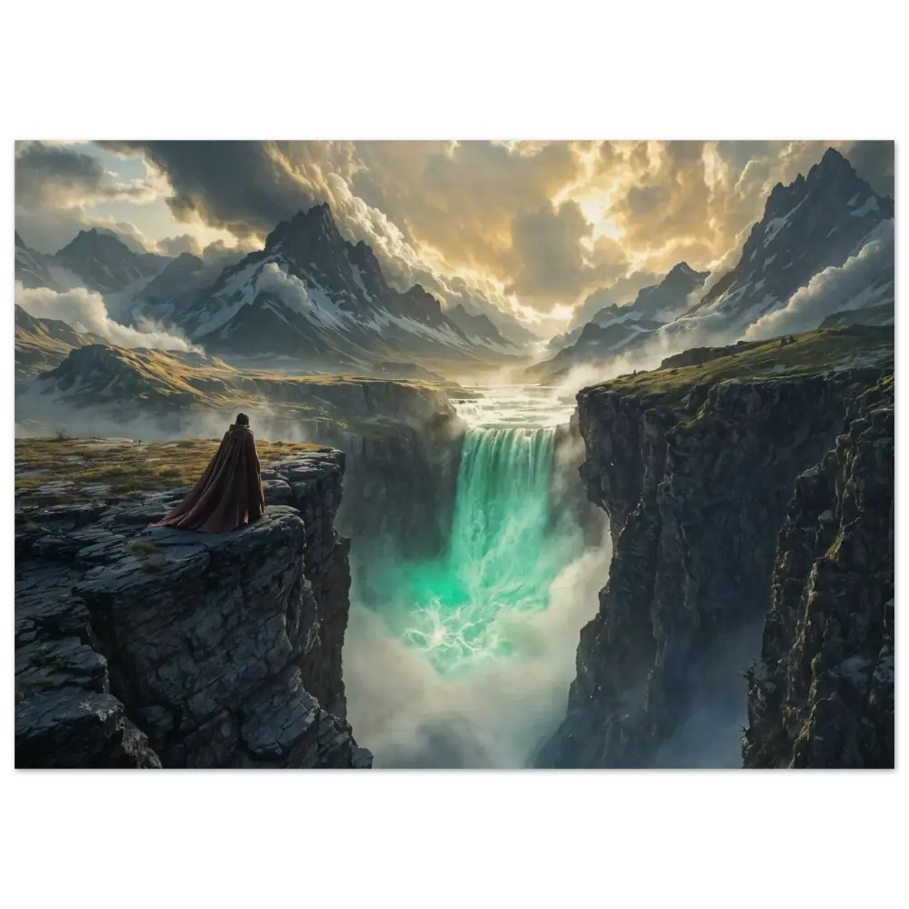 Majestic waterfall cascading into a misty abyss on Wood Prints The Edge of Silence PixiOnyx Forestgrain Stillness Edition