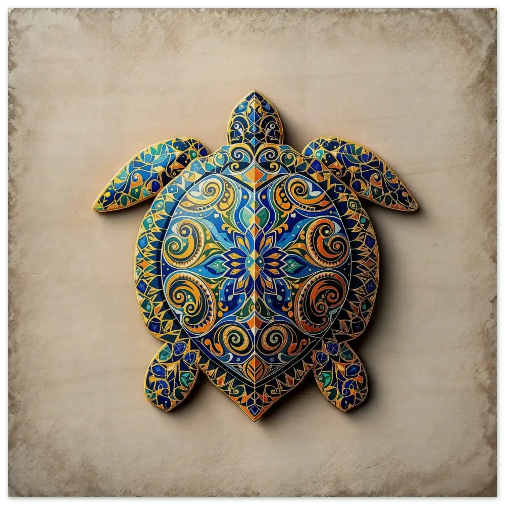 Intricately patterned turtle artwork on Wood Print in PixiOnyx Turtle Sigil Shell of Patterns Wall Art