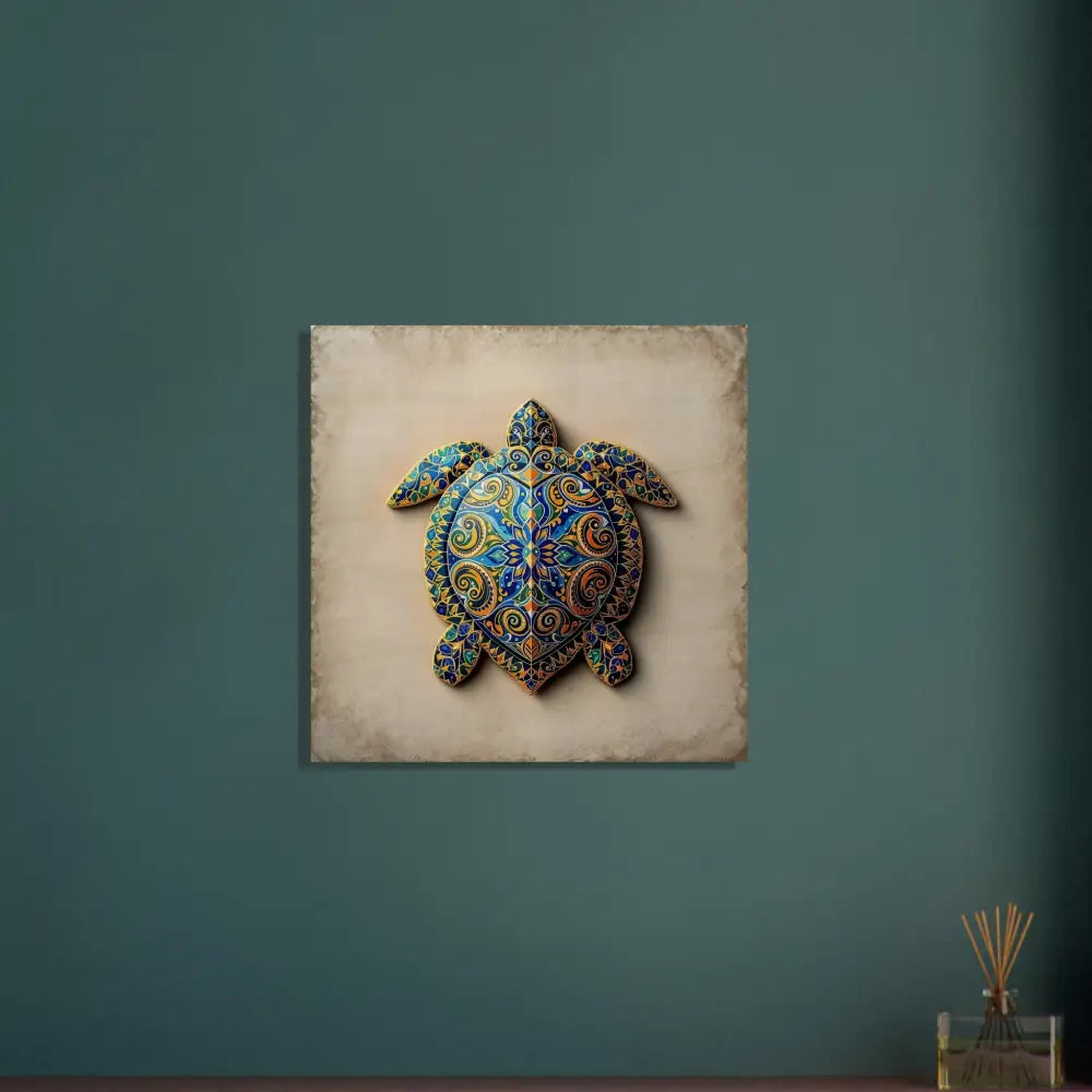 Ornate turtle wall art wood print featuring intricate shell pattern design in natural finish