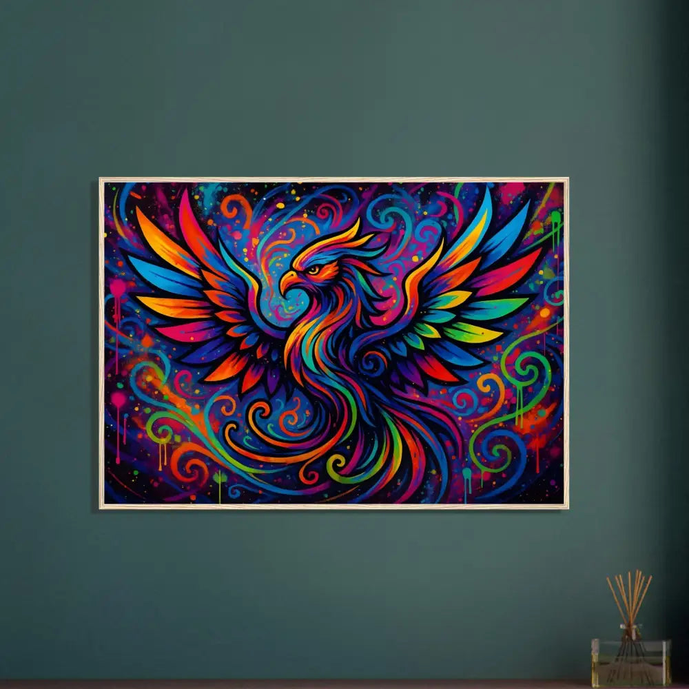 Colorful phoenix artwork in neon flames displayed in Wooden Framed Poster PixiOnyx