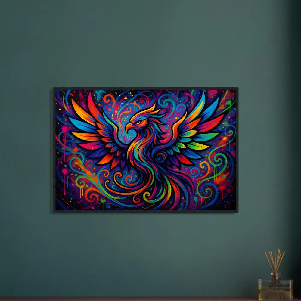 Colorful phoenix artwork framed in wood for Rebirth in Neon Flame poster display