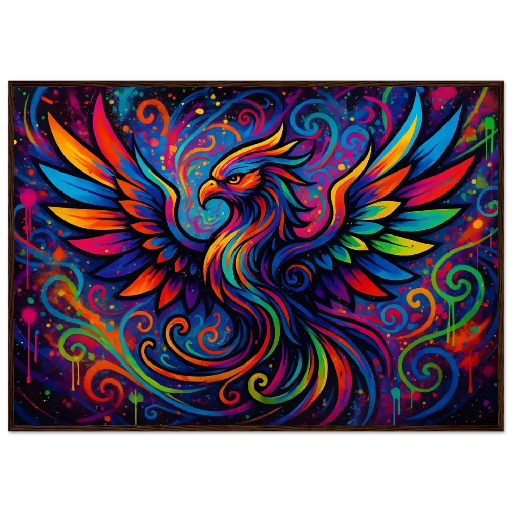 Colorful phoenix painting on wooden framed poster Rebirth in Neon Flame by PixiOnyx
