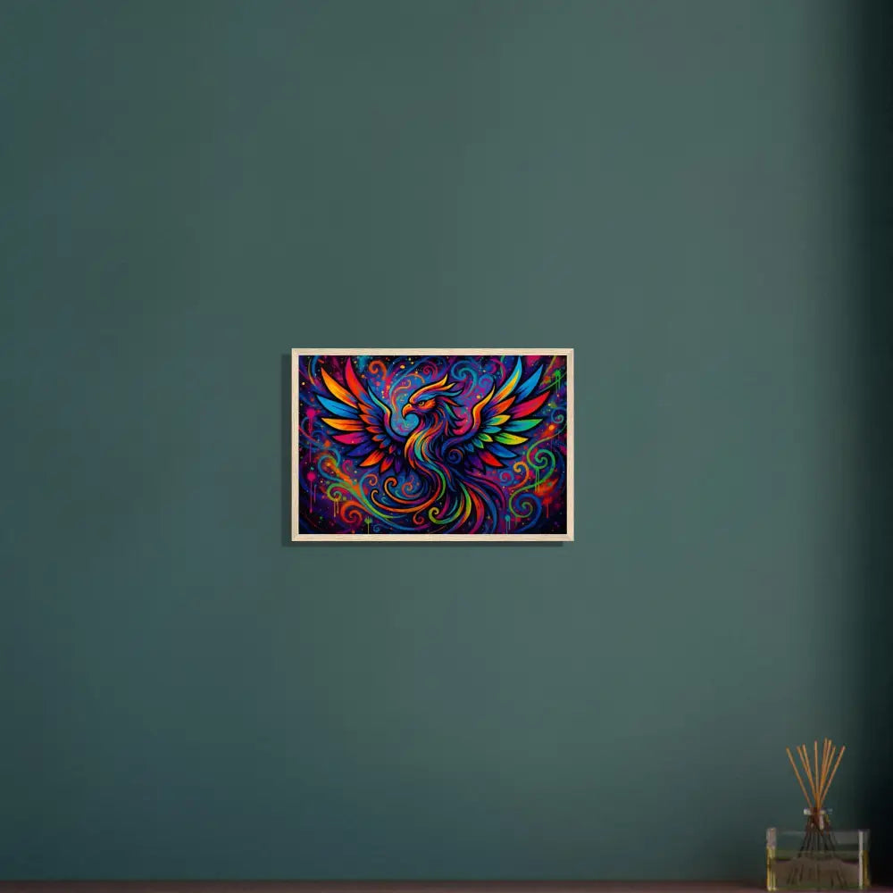 Framed colorful phoenix artwork on Wooden Framed Poster Rebirth in Neon Flame PixiOnyx