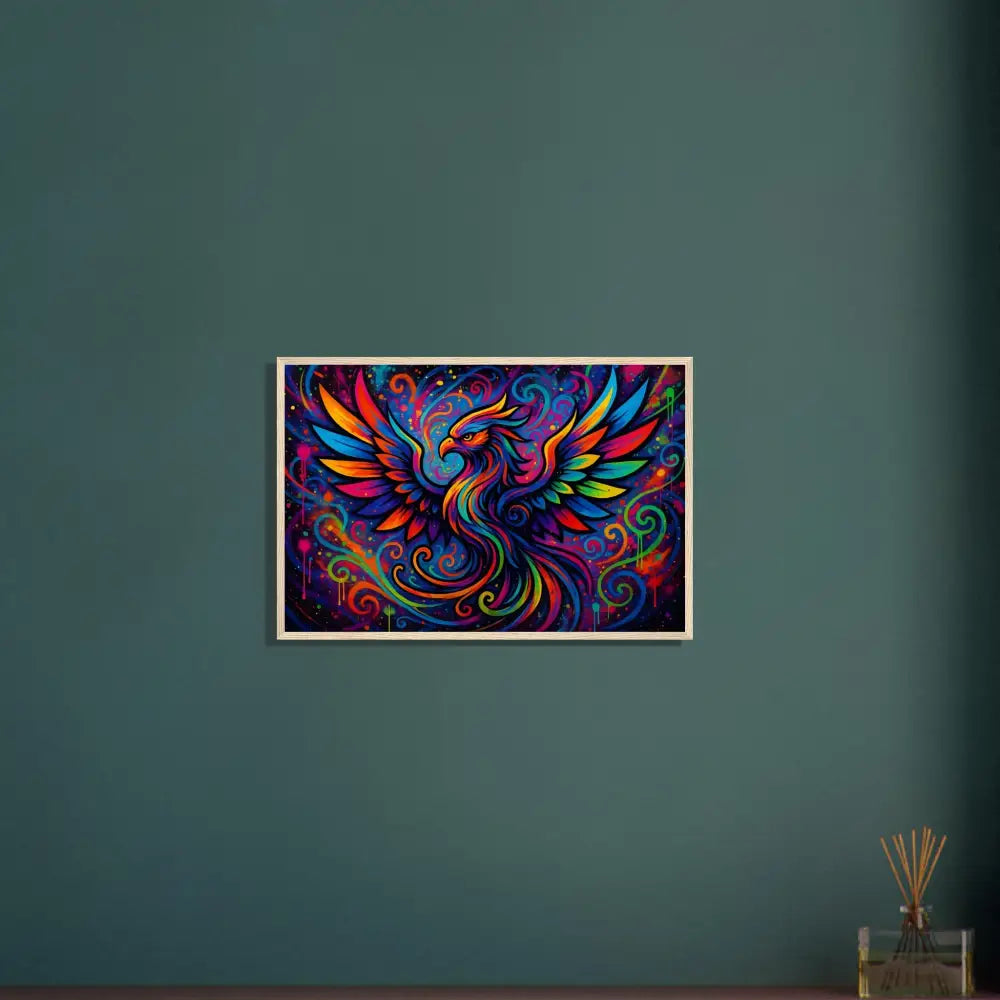 Framed colorful phoenix artwork on Wooden Framed Poster Rebirth in Neon Flame PixiOnyx