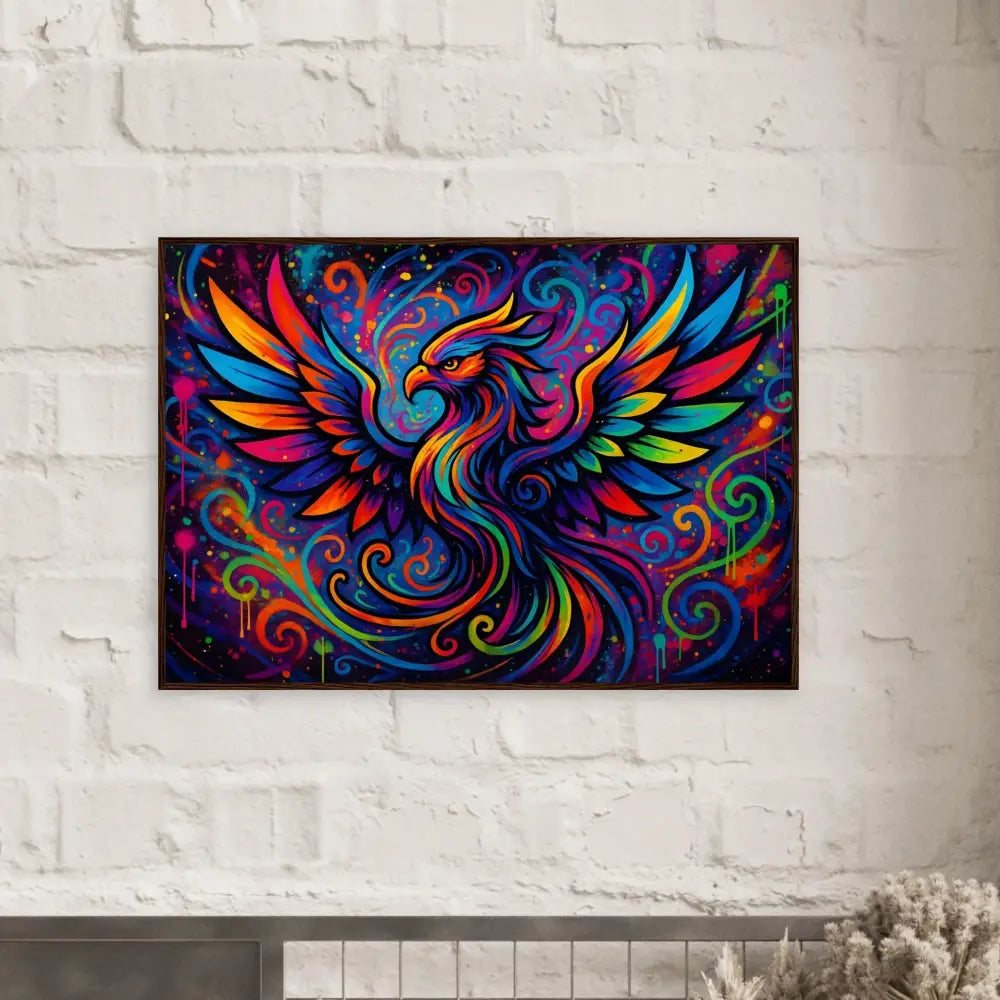 Colorful phoenix artwork displayed in a wooden framed poster themed Rebirth in Neon Flame