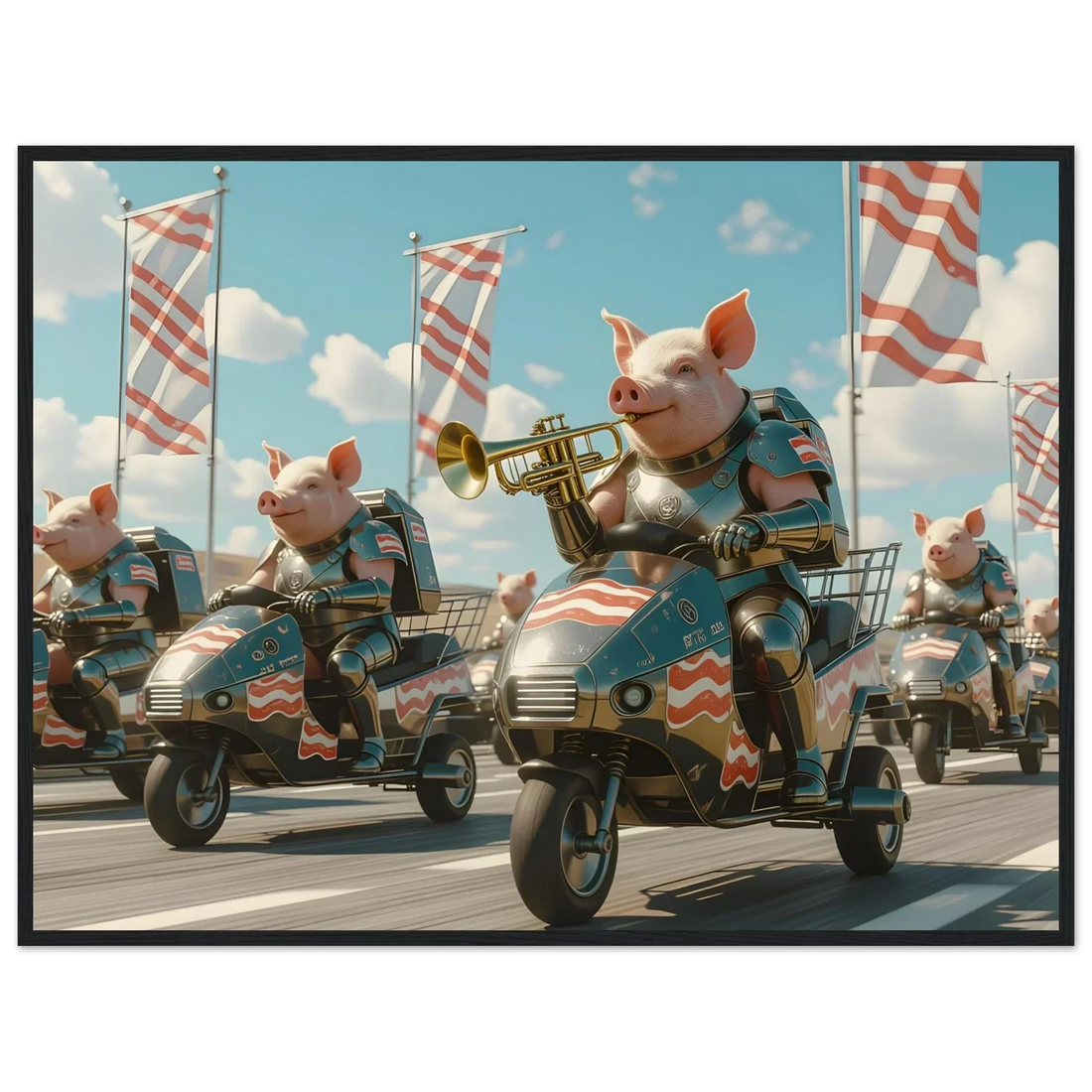 Patriotic pigs riding tricycles in a parade featured in PixiOnyx’s Pork-Powered Art Revolution