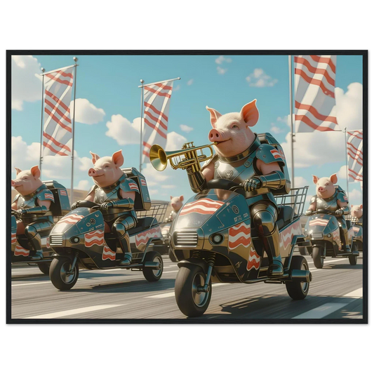 Patriotic pigs riding tricycles in a parade featured in PixiOnyx’s Pork-Powered Art Revolution
