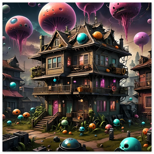 Whimsical three-story house with floating jellyfish-like orbs in Psychedelic Wall Art article