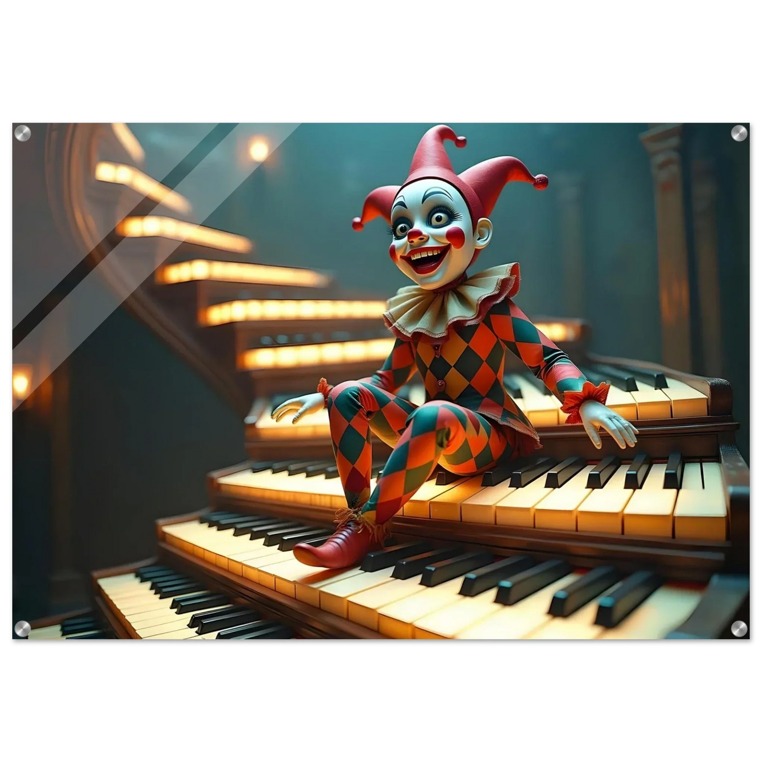 Harlequin clown playing piano stairs acrylic print artwork
