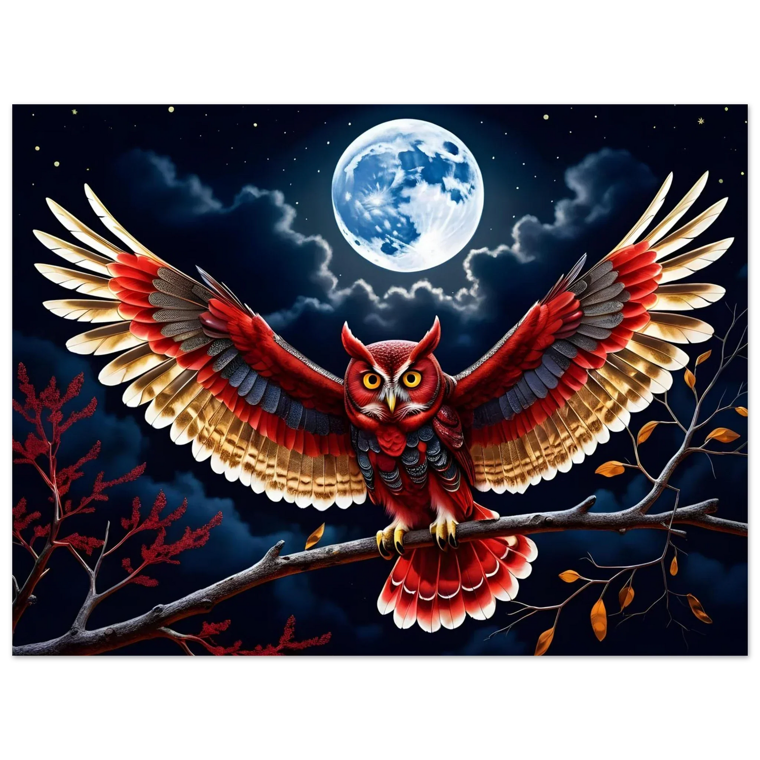 Red owl with outstretched wings Aluminum Print in collection displayed outdoors