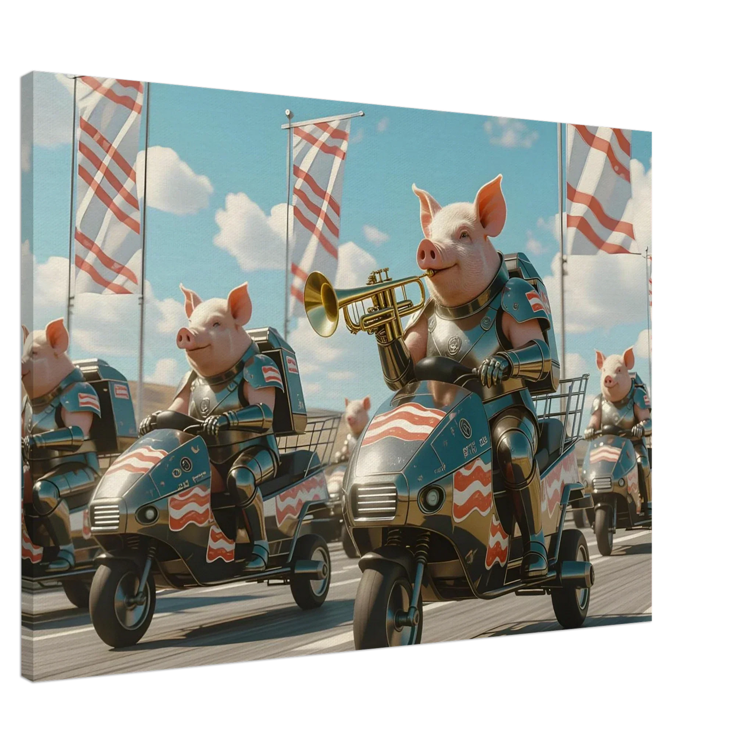 Patriotic pig parade on scooters featured in Comedic Animal Art collection