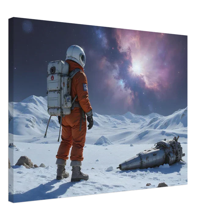 Astronaut in orange suit beside crashed spacecraft in Cosmic & Space Wonders collection