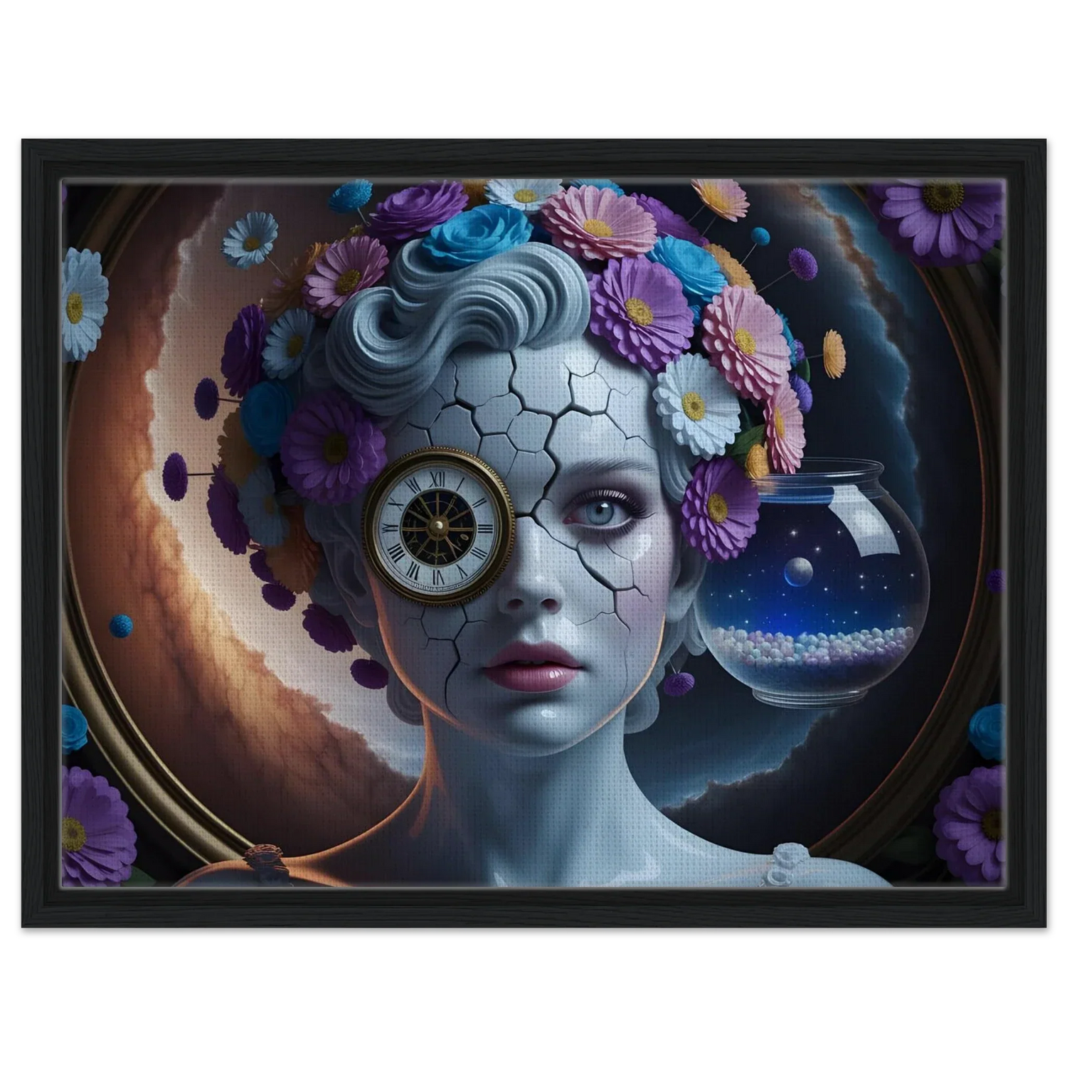 Surreal Portrait of a Cracked Woman with Floral Headdress and Clock Eye in Framed Canvas Collection