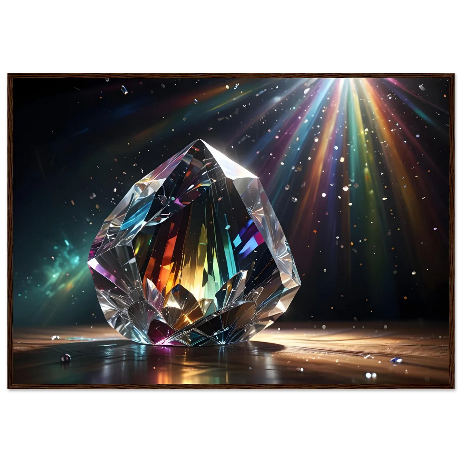 Rainbow-illuminated crystal gemstone in Framed Posters collection with vibrant colors