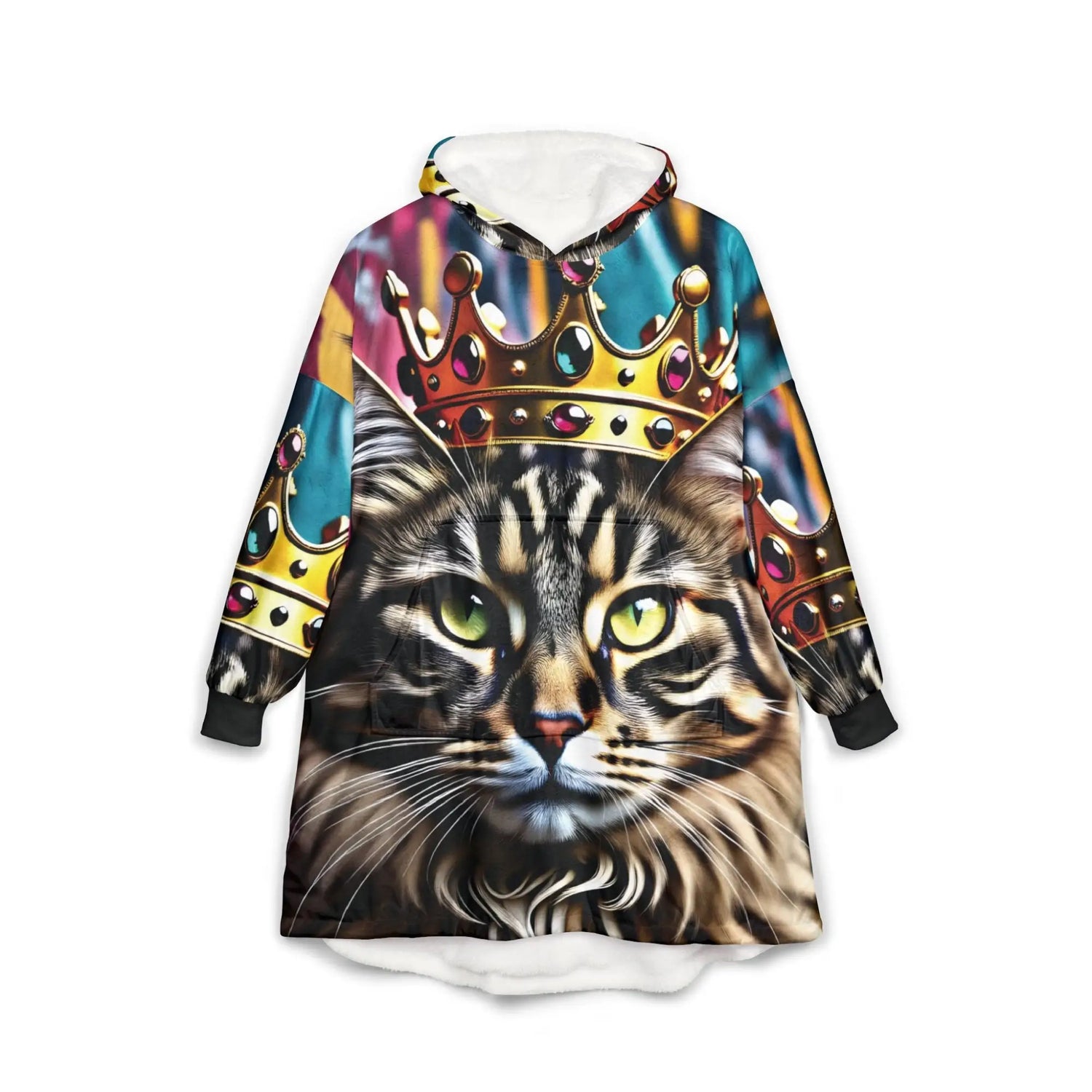 Oversized hooded blanket featuring a cat wearing a crown in the Hooded Blankets collection