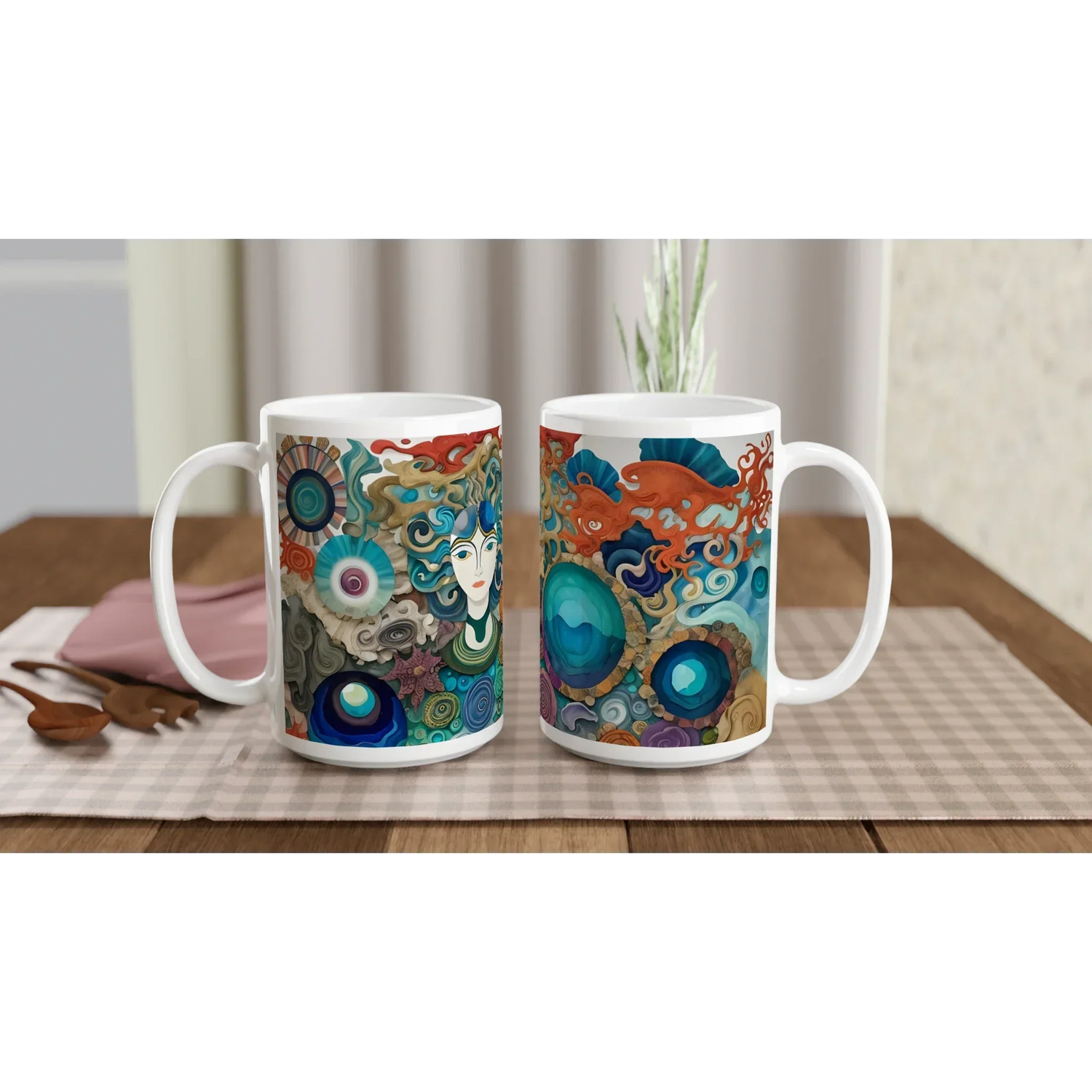 Two mugs with colorful ocean-themed artwork in the Mugs & Drinkware collection